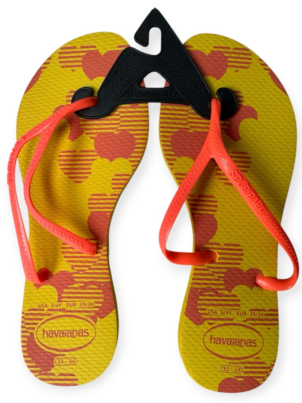 Havaianas Youth / Women’s Yellow Flip Flops with Coral Hearts and Coral Straps
